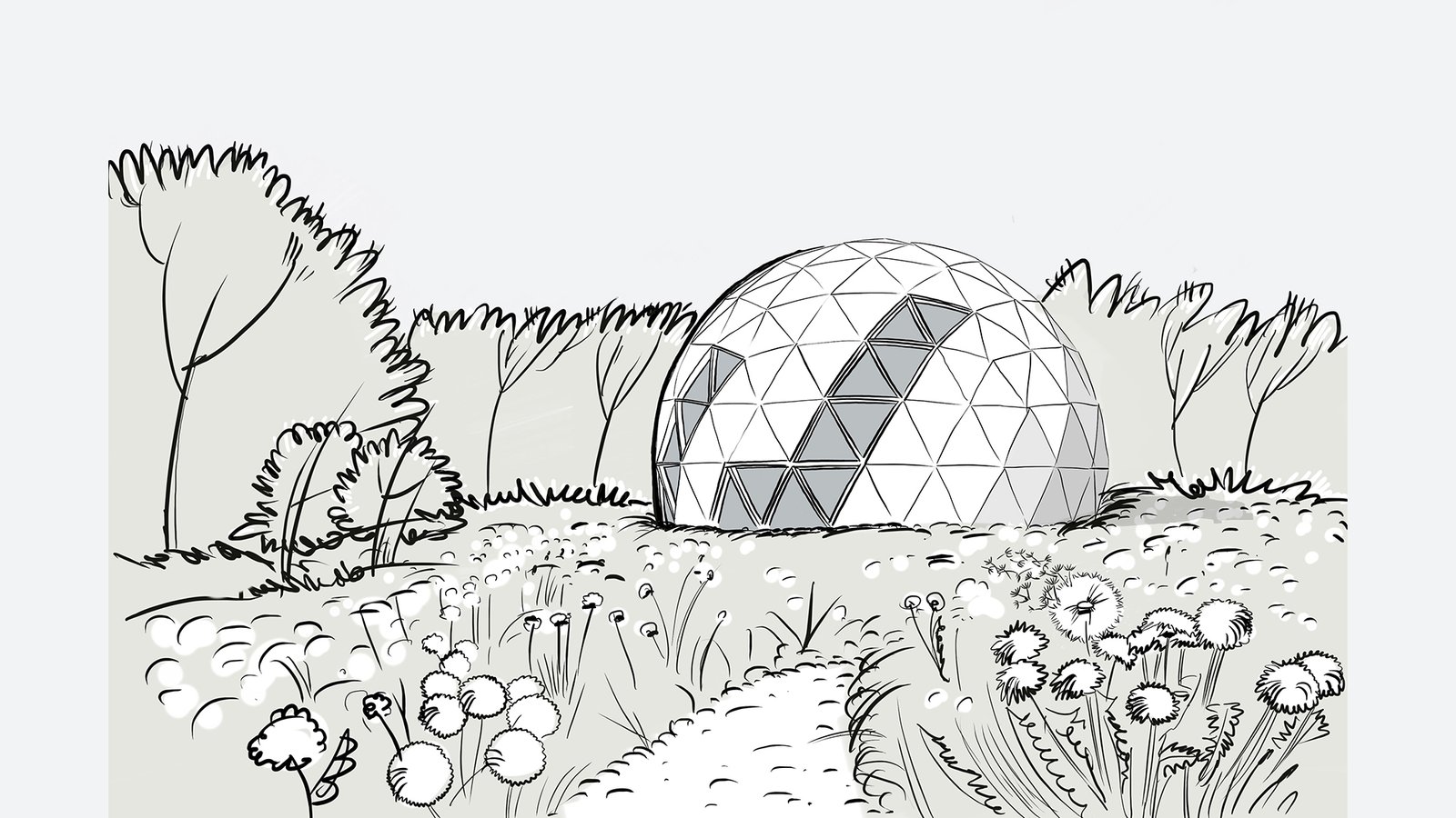 Sketch of a geodesic dome house in a meadow.