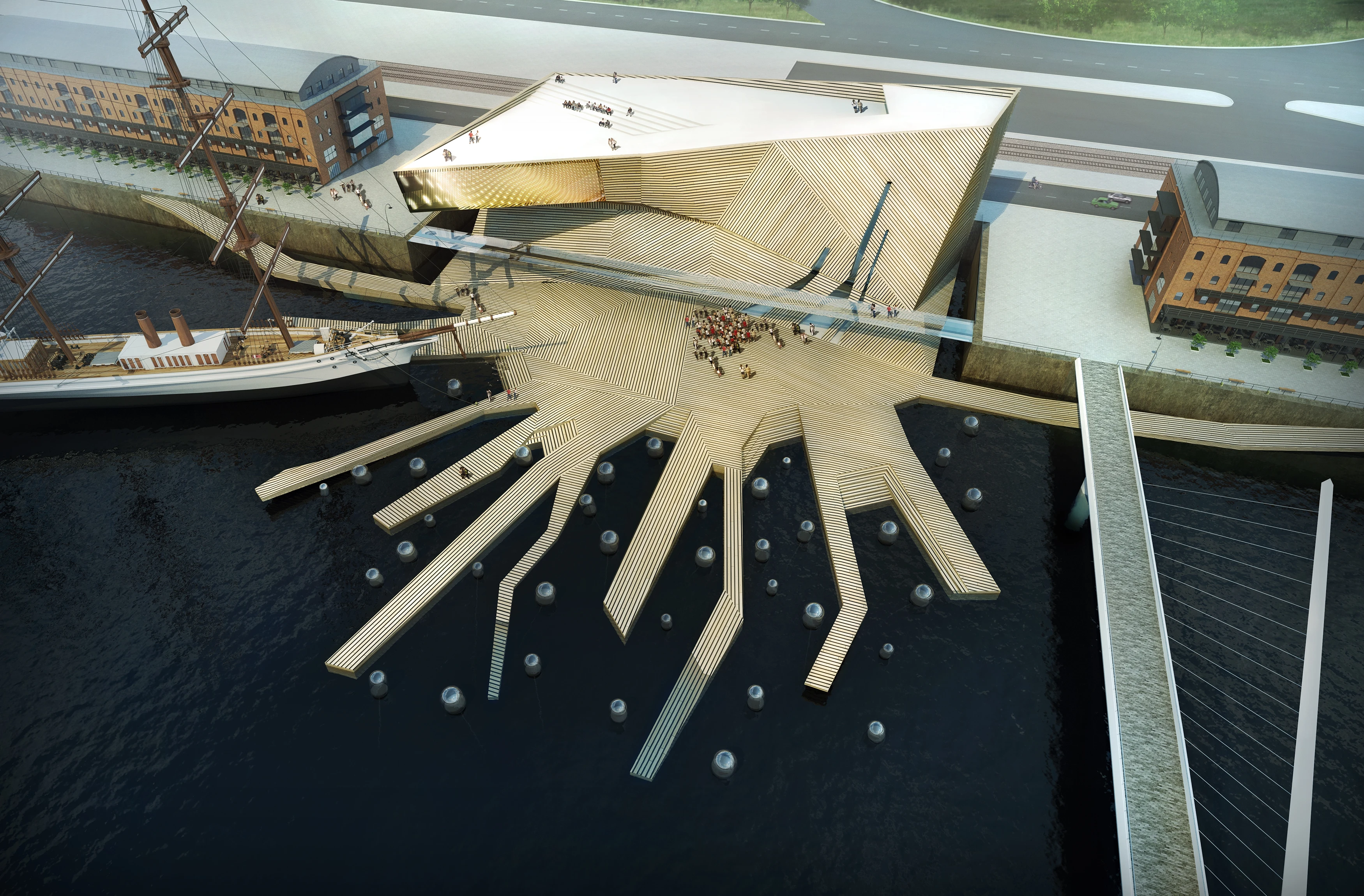 Aerial view of a floating art museum with timber decks extending over water.