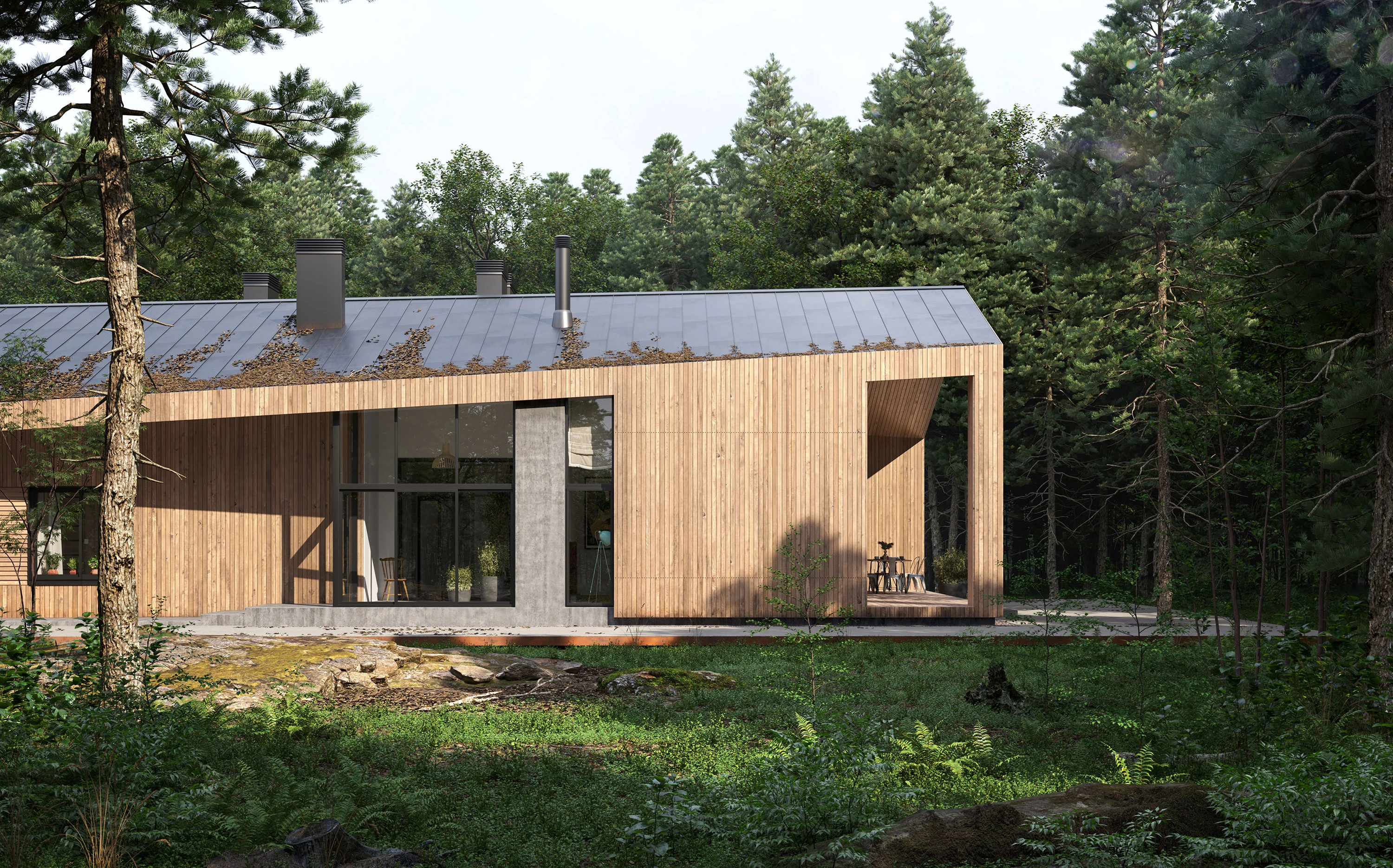 Modern timber and concrete house surrounded by trees.