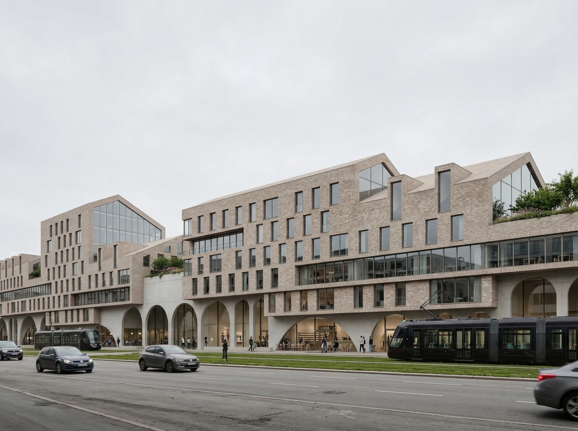 Street view of a large mixed-use building with arched ground floor openings.