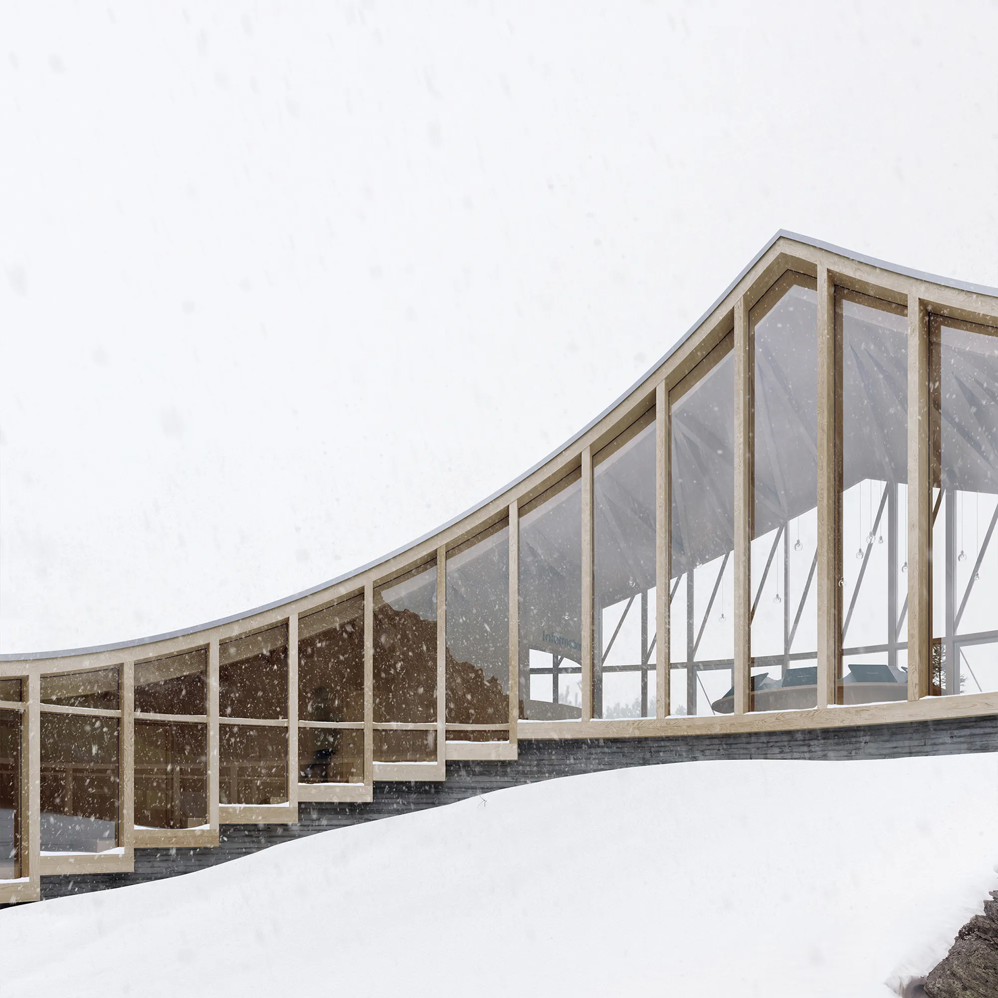 The curved timber-framed glass facade of the Nest visitor centre at Preikestolen during heavy snowfall.