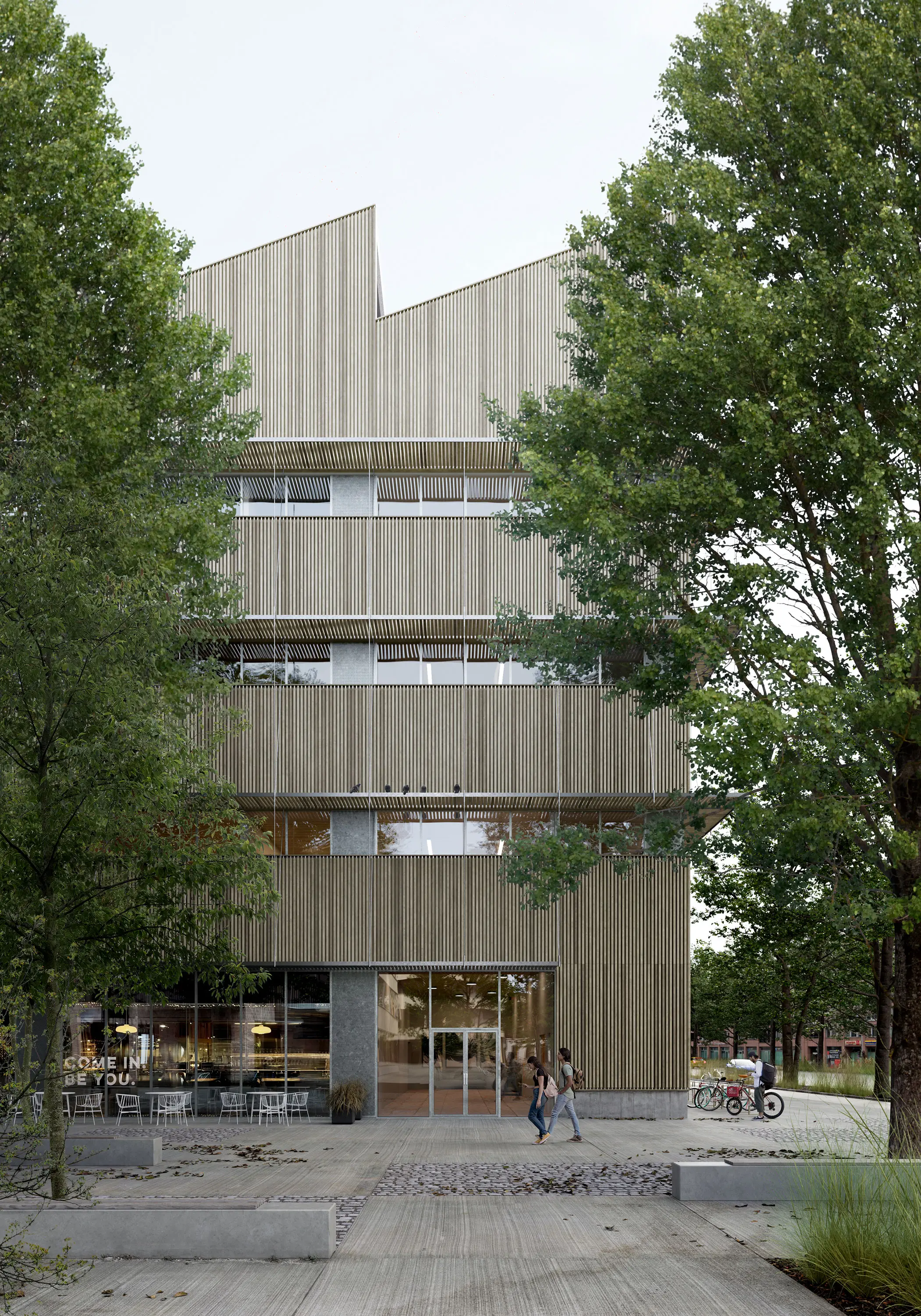 Multi-storey building clad in vertical timber louvres, with a cafe at street level and trees along the square.