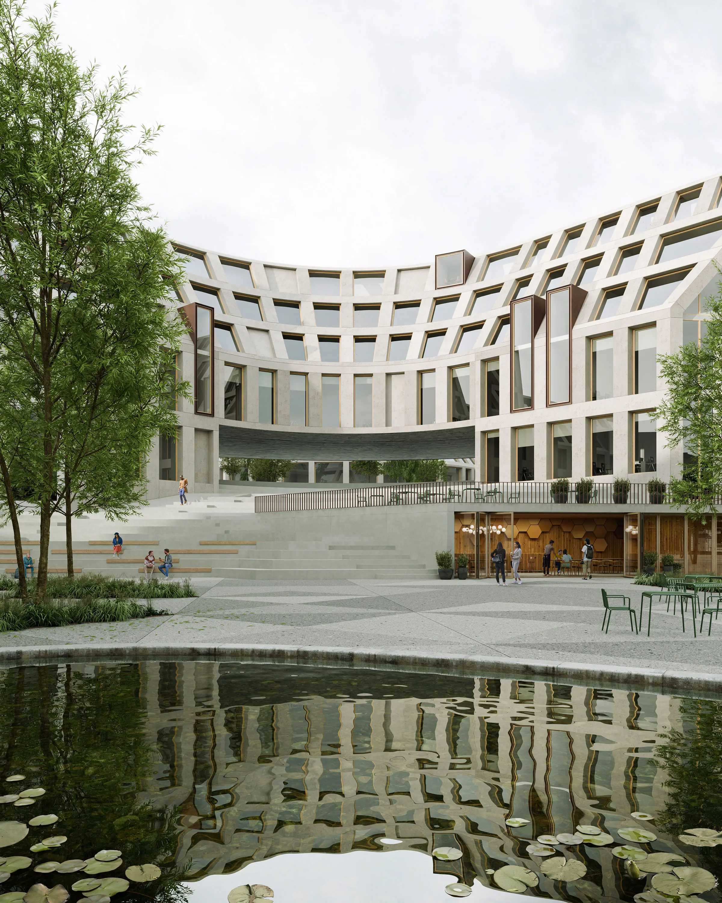 Curved travertine facade of The Dual Square in Brest, reflected in a lily pond beside stepped public seating.