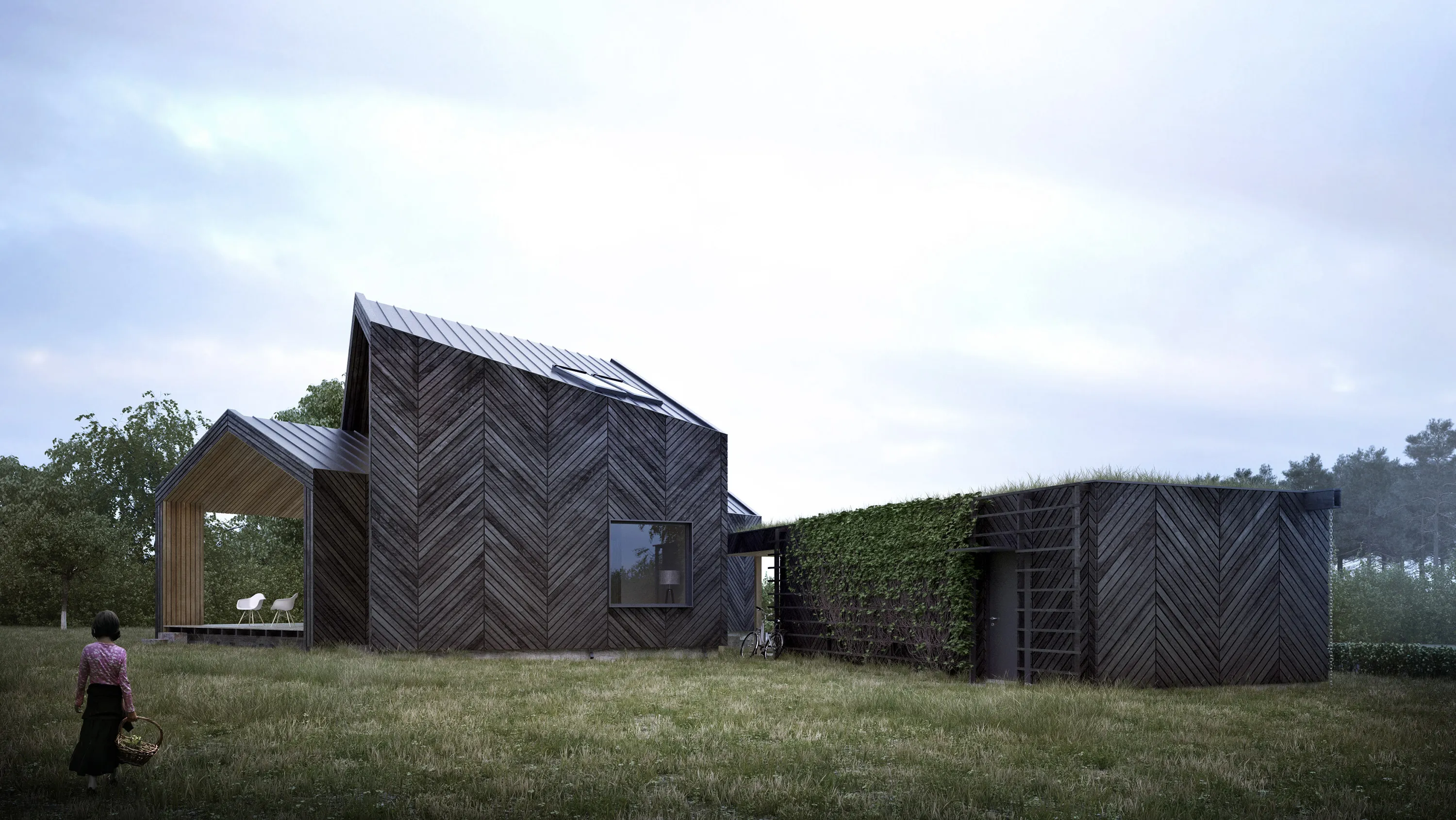 DL_house seen across a meadow, its charred chevron timber volumes beside an ivy-covered outbuilding.