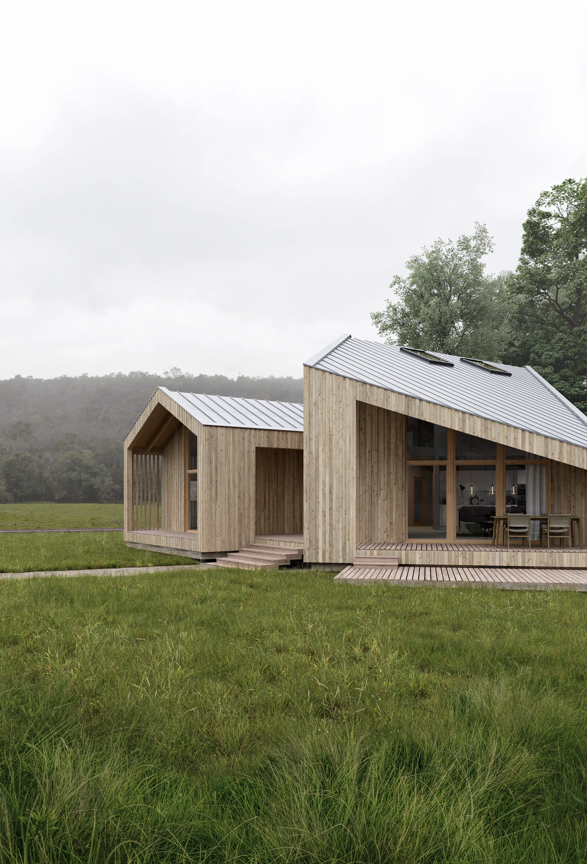 DV_house in a green meadow, two pale timber gabled volumes with terraces facing the field.