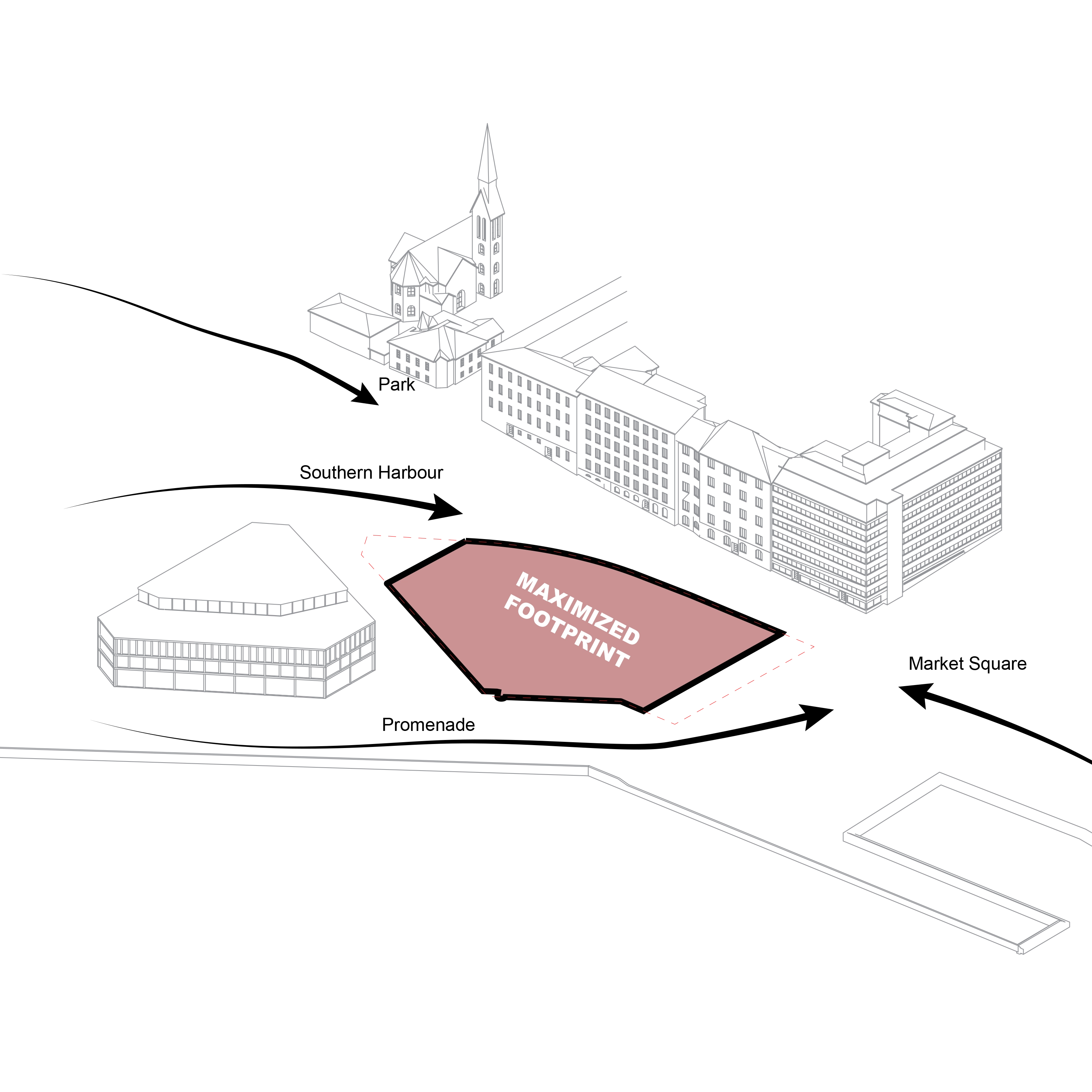 Site diagram of the Meltsinki competition plot in Helsinki, marked as a maximized footprint.