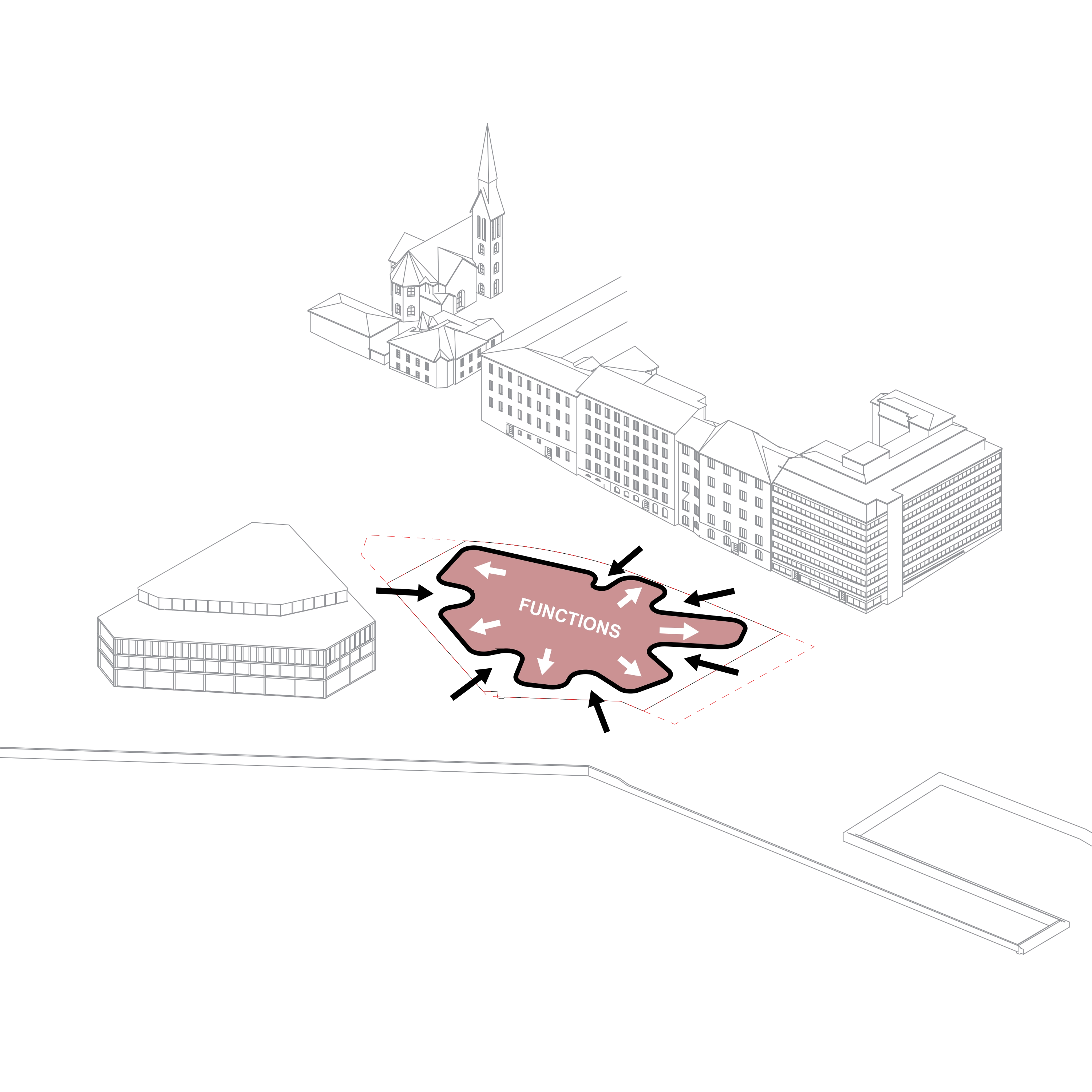 Diagram of the Meltsinki museum functions spreading outward within the site boundary.