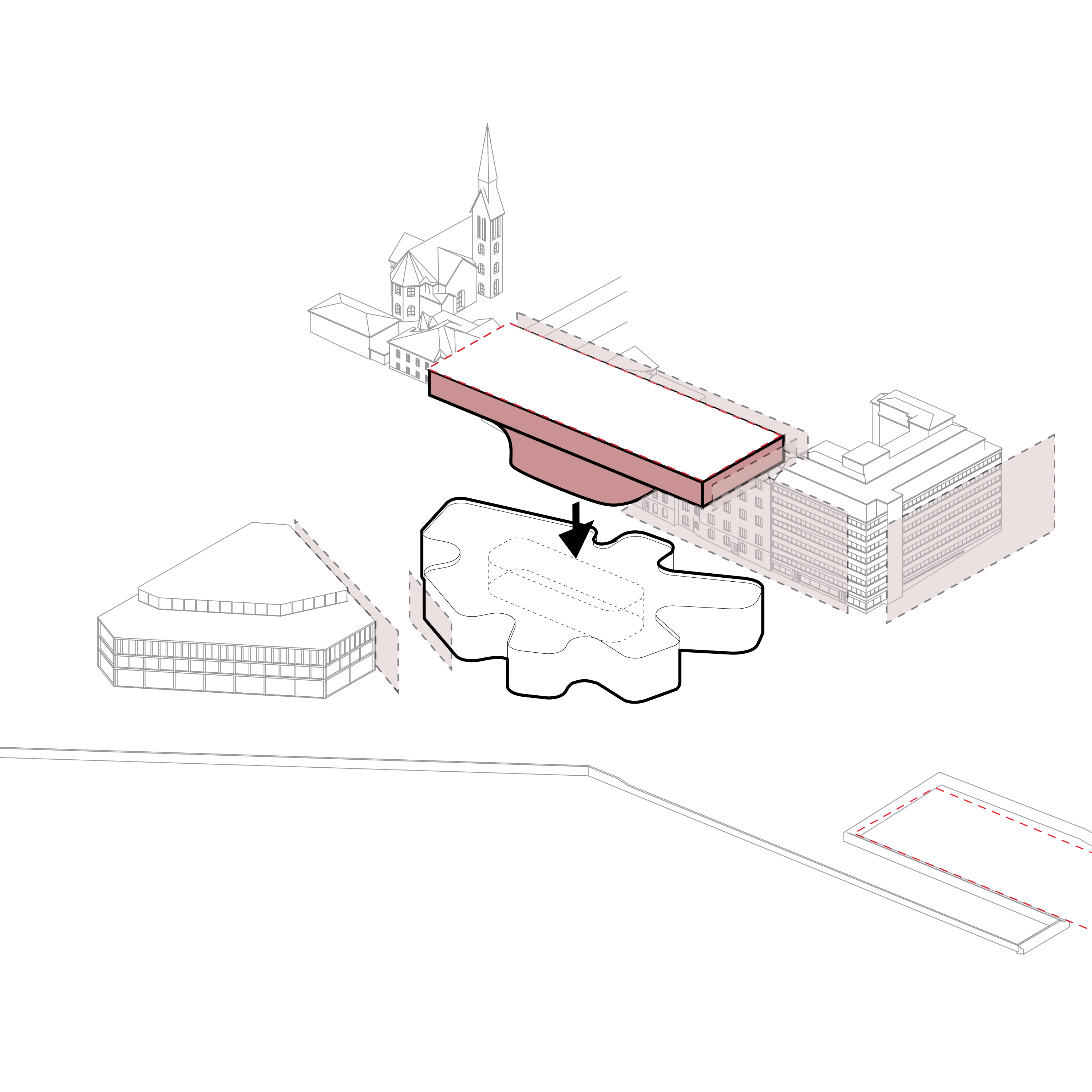 Diagram placing the long exhibition bar of the Meltsinki museum across the Helsinki site.