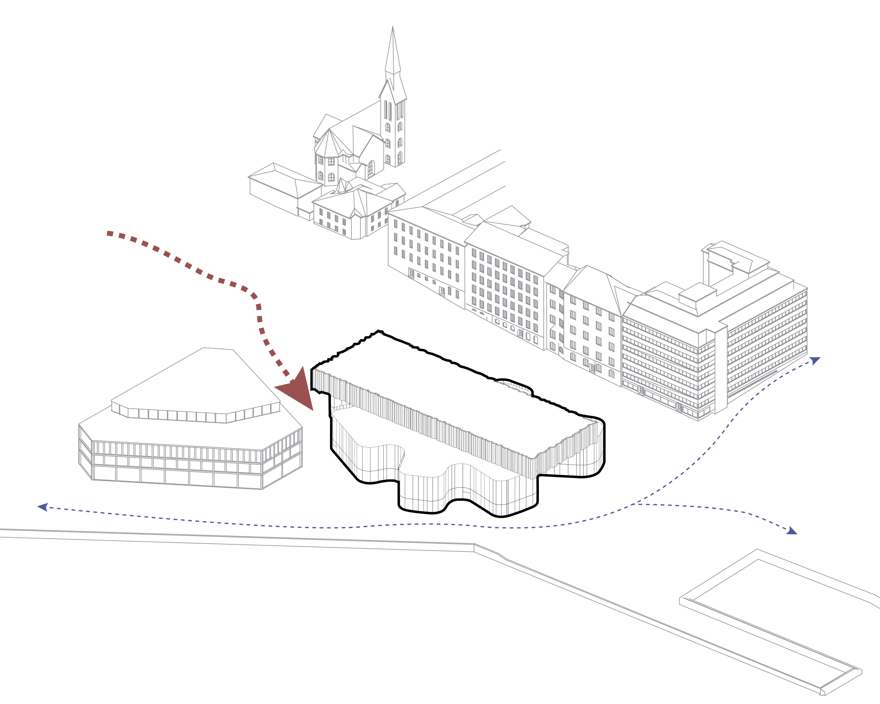 Diagram of approach routes to the Meltsinki site along the Helsinki waterfront.