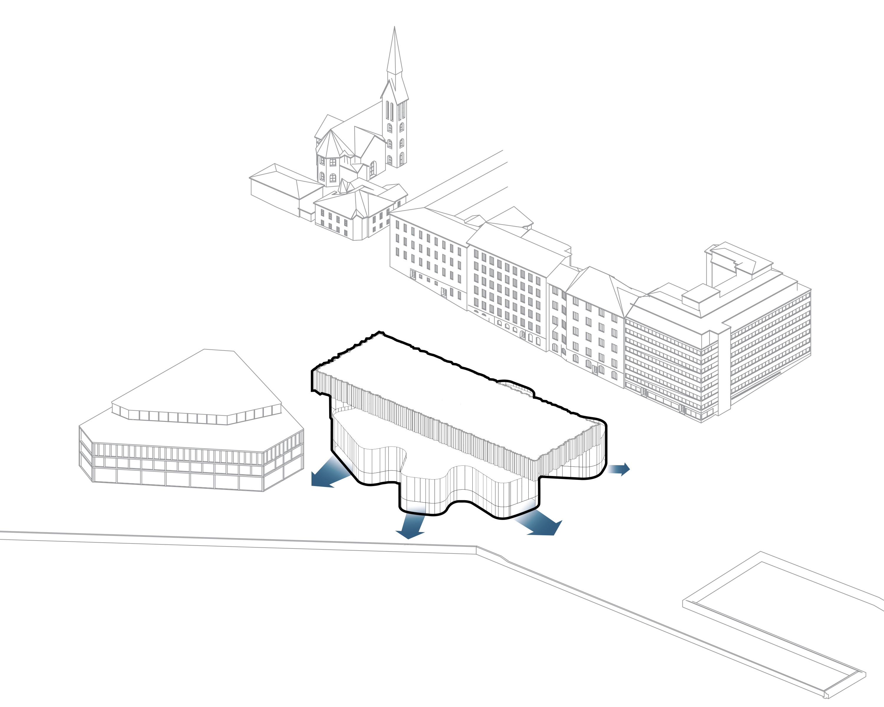 Diagram marking entrances and sightlines into the Meltsinki museum site.