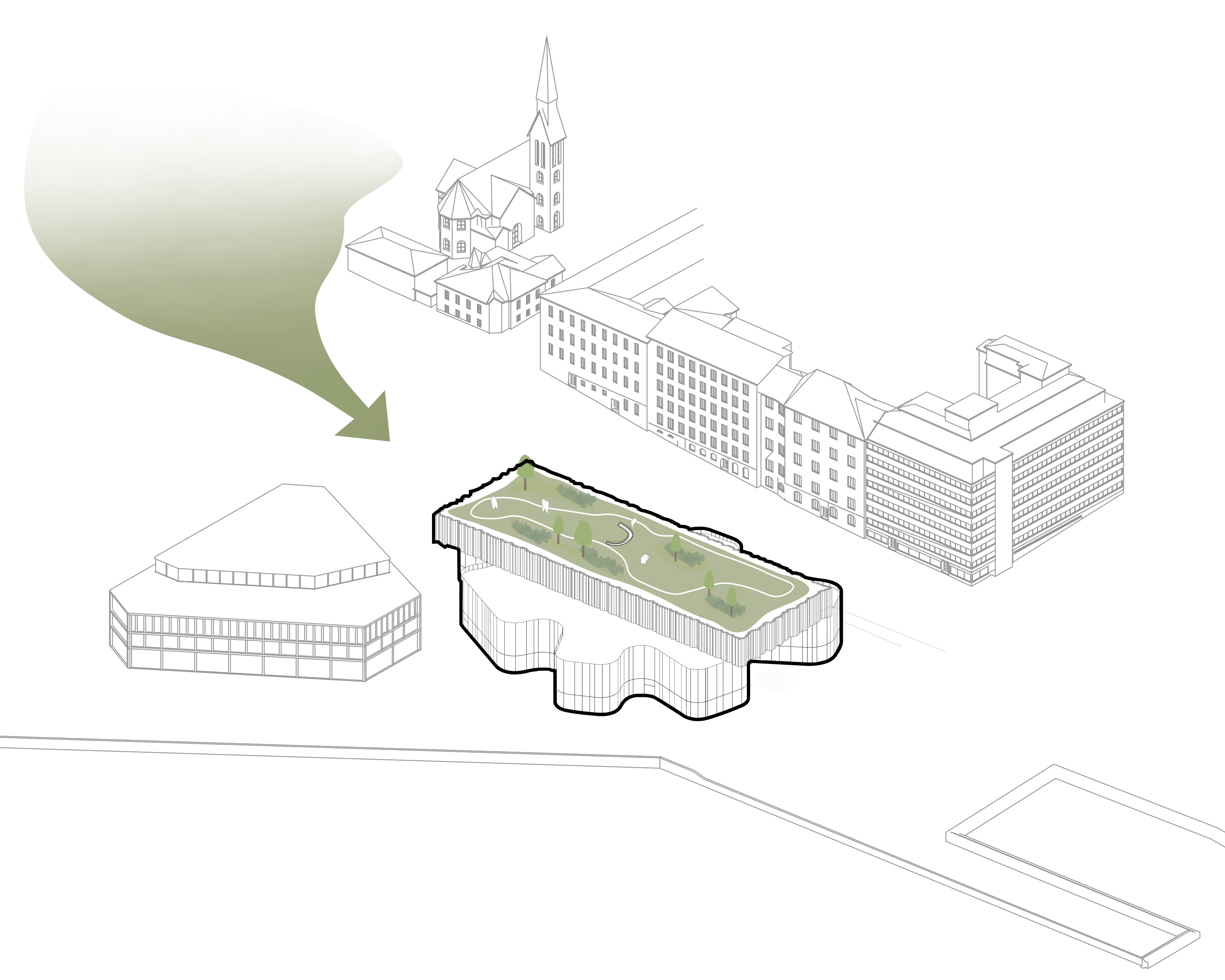 Diagram drawing neighbouring parkland into a linear green strip across the Meltsinki site.