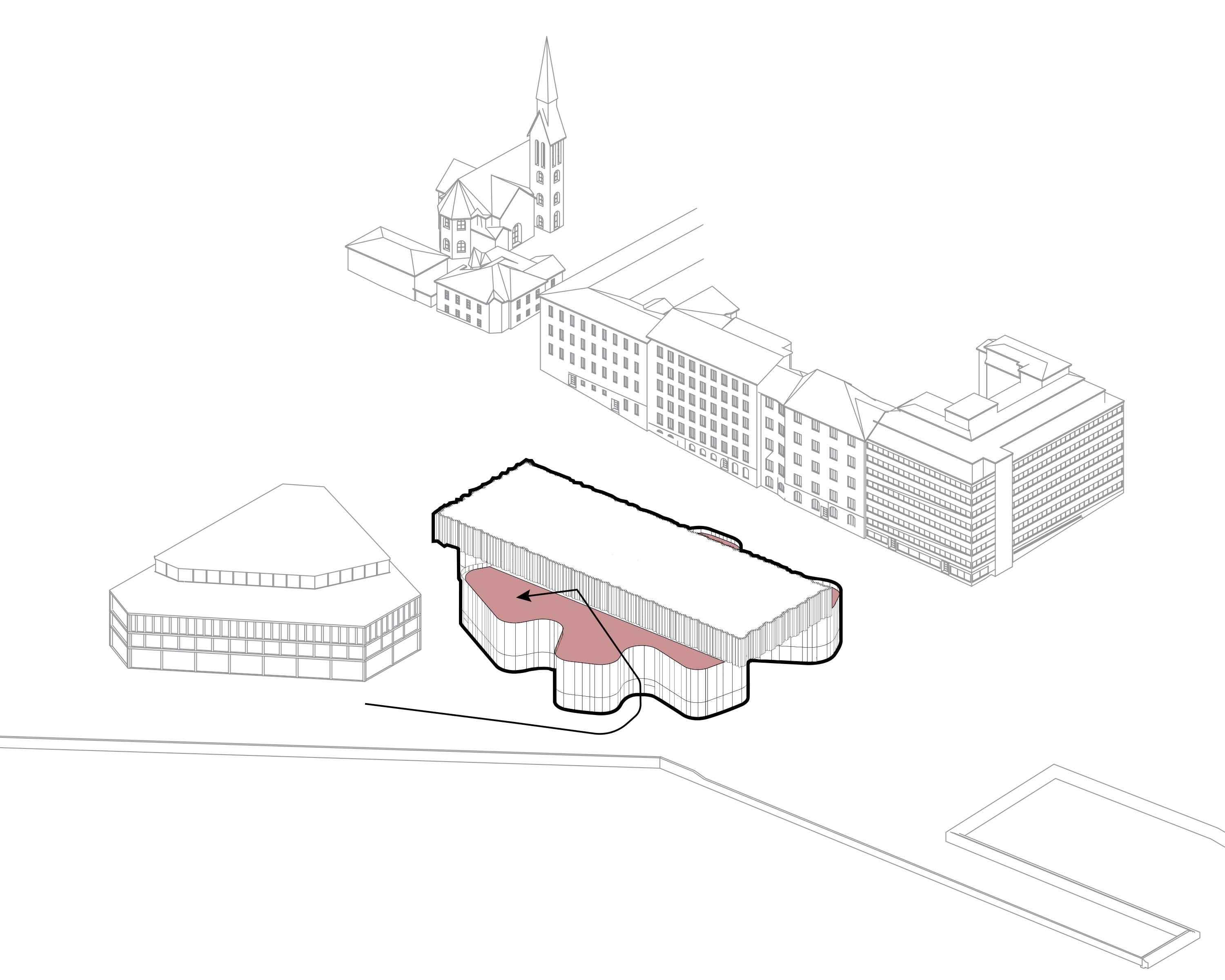 Diagram of the final Meltsinki massing, with the exhibition bar above a wavy, perforated public ground floor.
