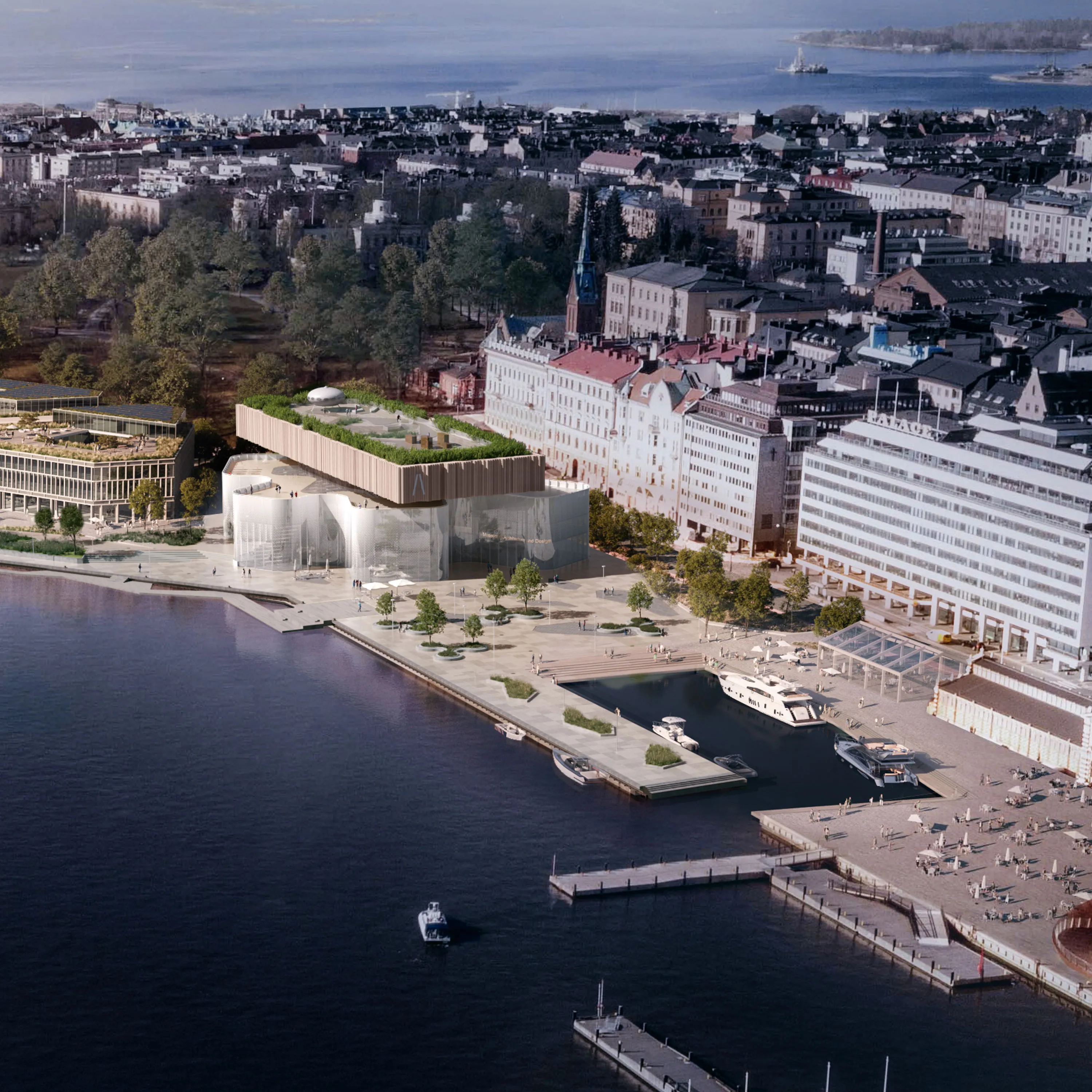 Aerial view over Helsinki harbour with the Meltsinki museum set among the city blocks and market square.