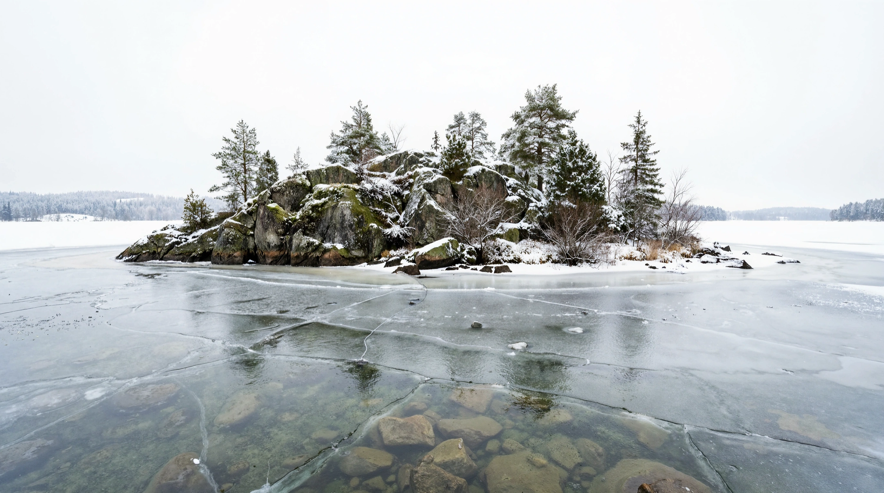 A rocky, snow-covered island of pines on a frozen Finnish lake.