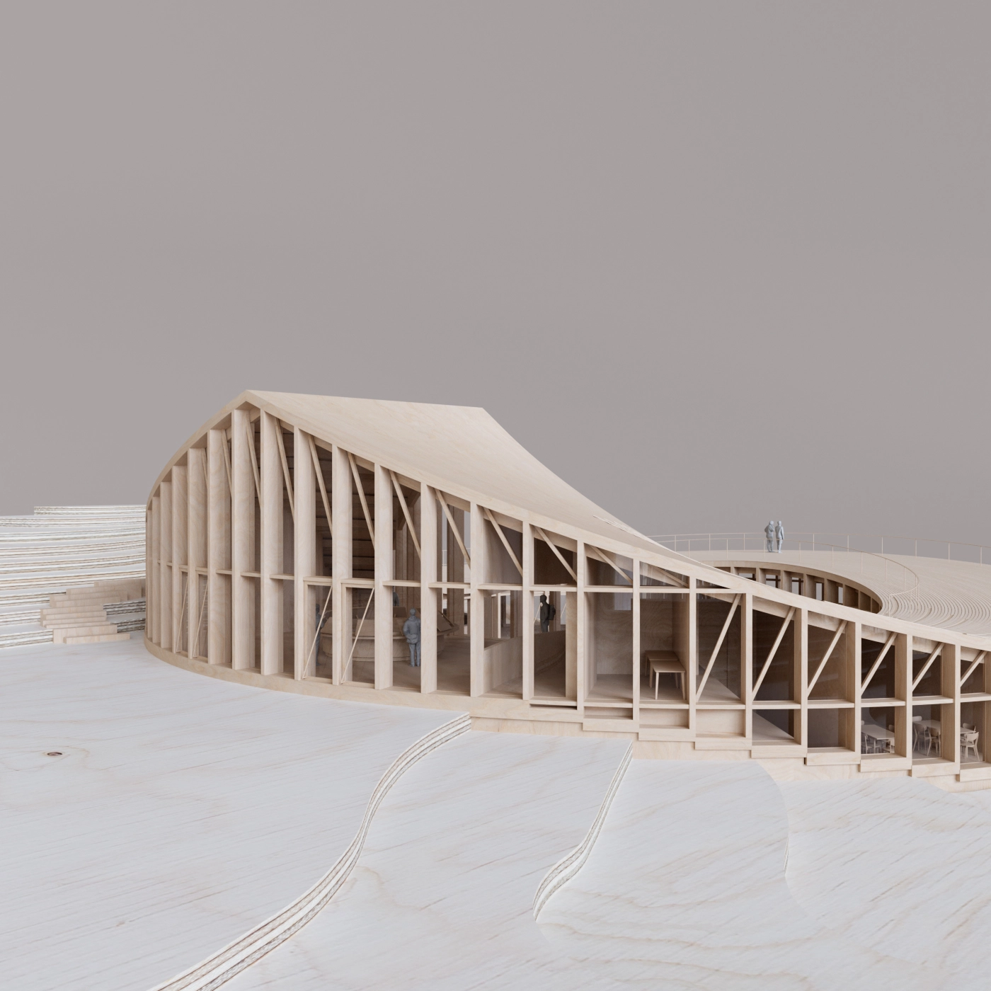 Close view of a physical model of the Nest visitor centre, showing the curved timber structure.