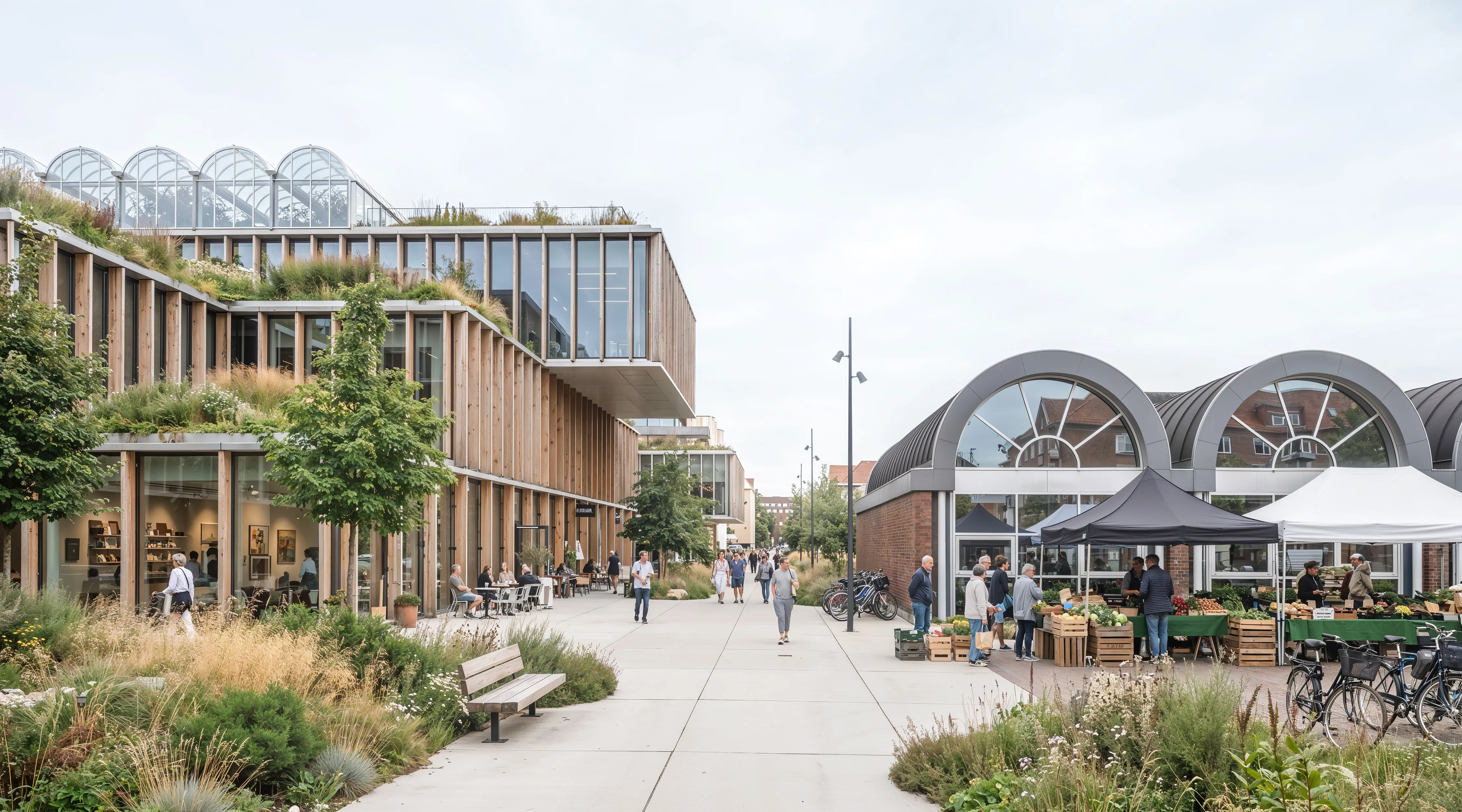 Pedestrian street at Odenseed with a timber-clad building under a rooftop greenhouse, and a produce market beside the arched market halls.