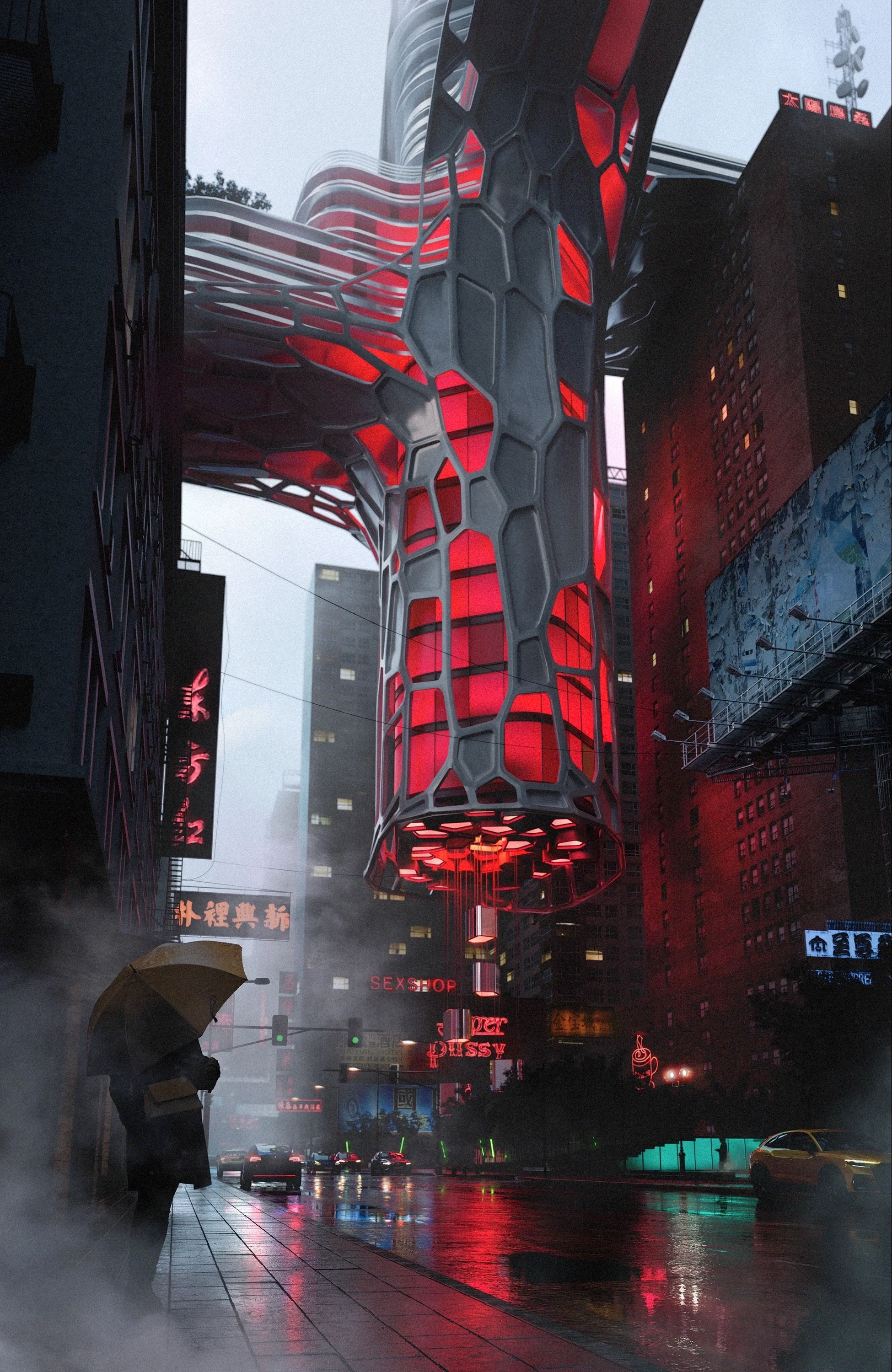 The Red Light Hotel at night above a rain-soaked, neon-lit Hong Kong street, its red-lit cellular structure spanning between buildings.