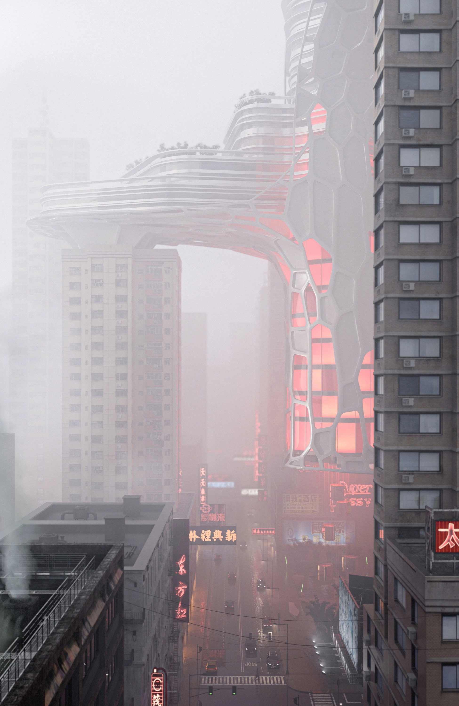 The Red Light Hotel in daytime haze, its pale cellular tower and cantilevered decks bridging over a Hong Kong street.