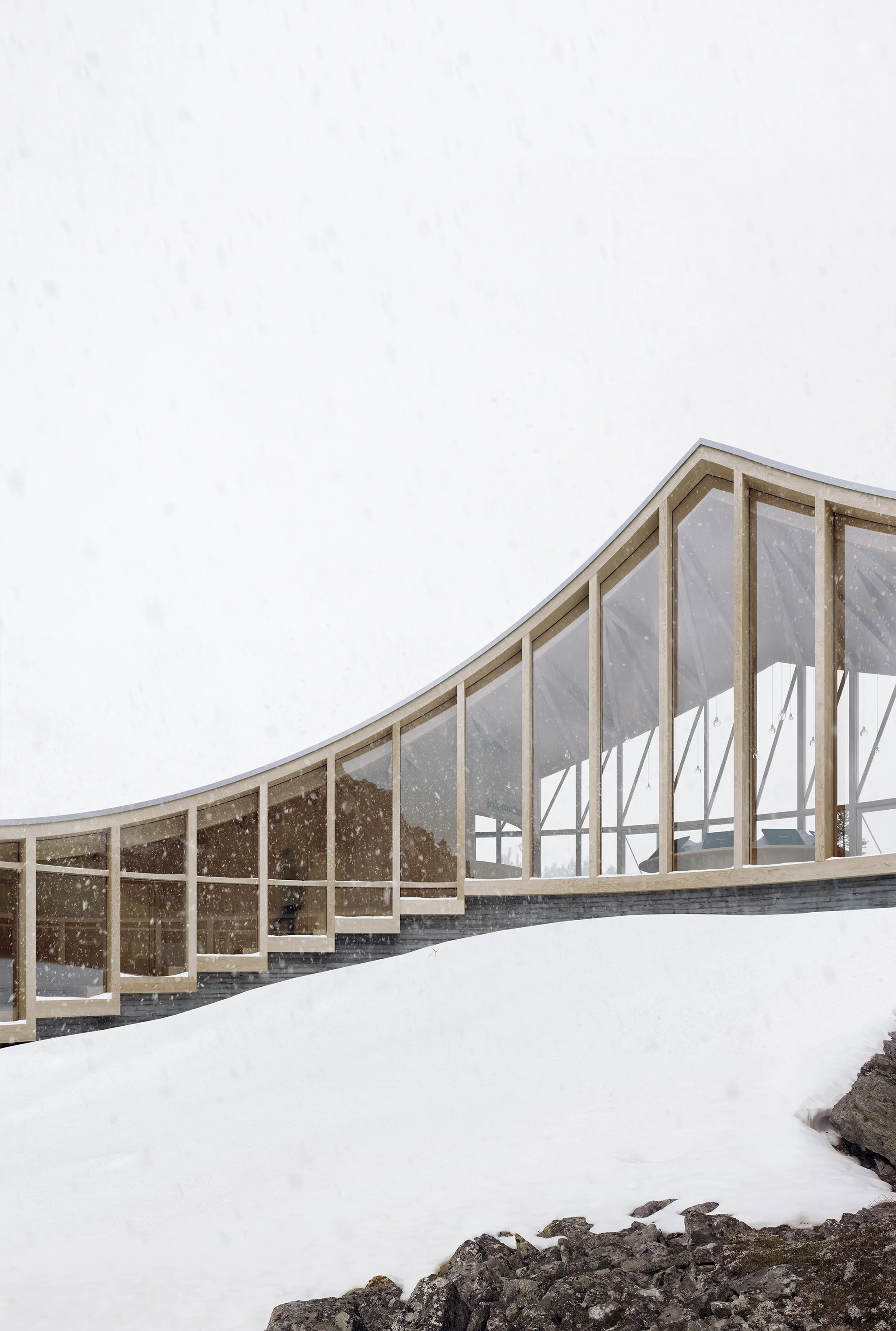 Curved timber and glass building during snowfall.