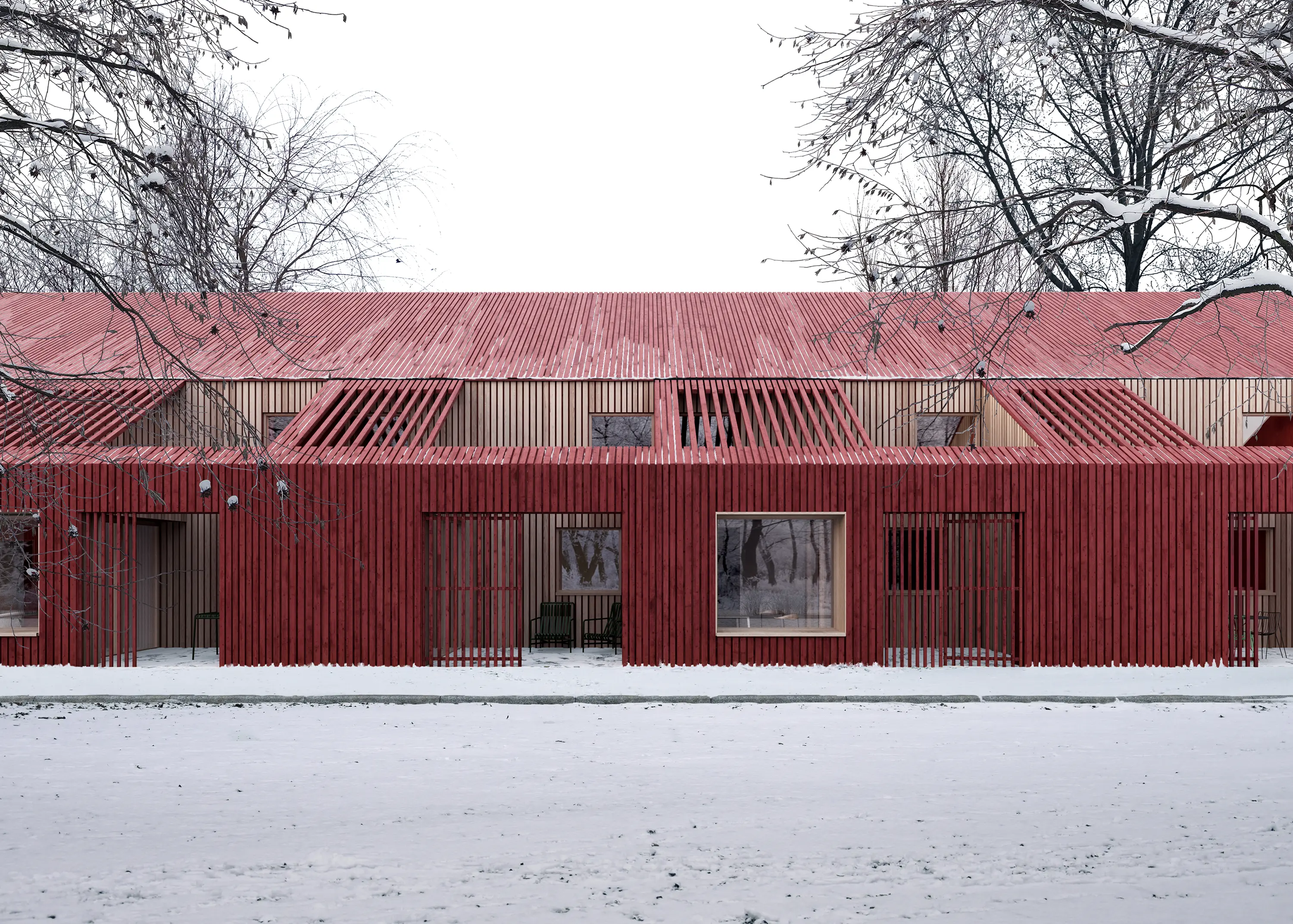 Red pavilion in a snowy landscape.