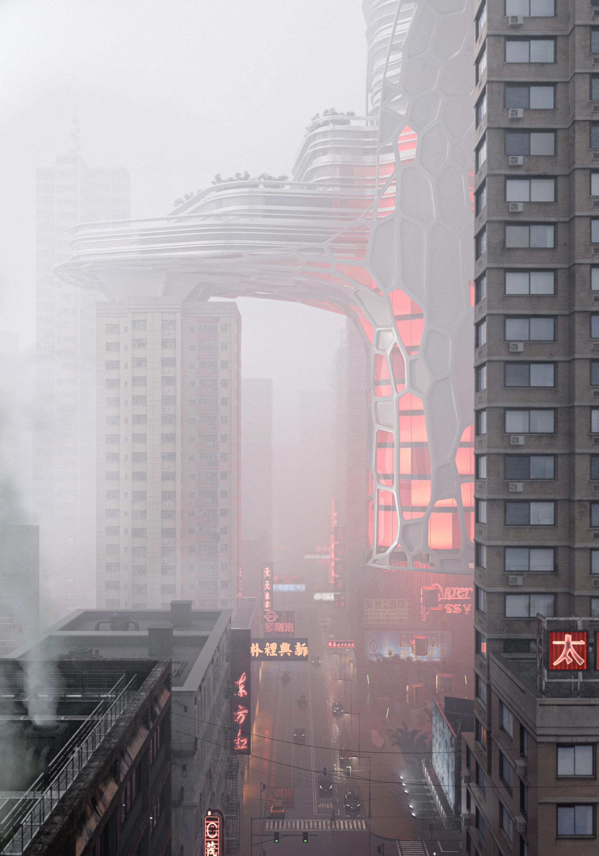 Misty Hong Kong street with red-lit hotel facade.