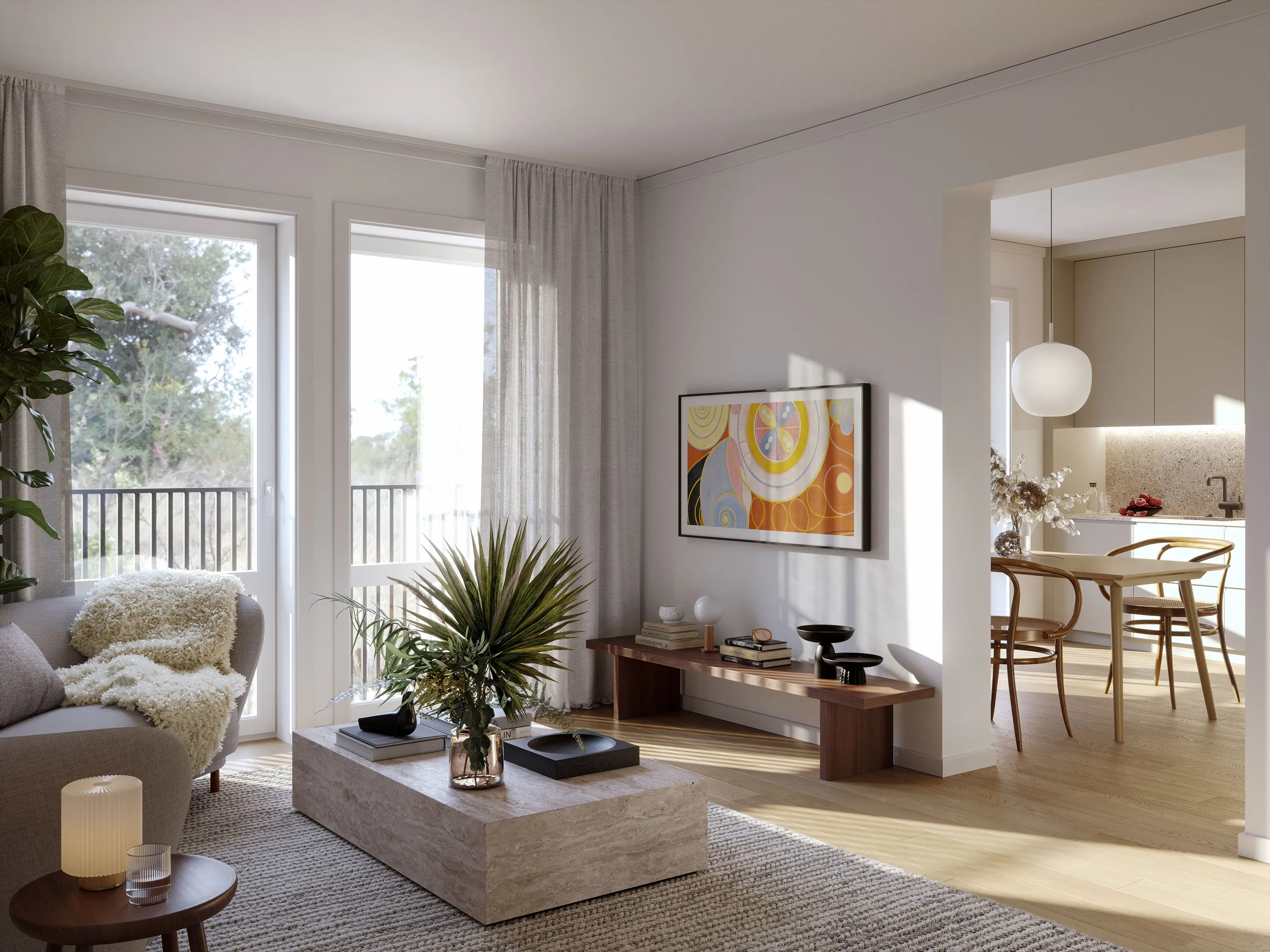 Bright modern living room with sofa, plants, and dining area.